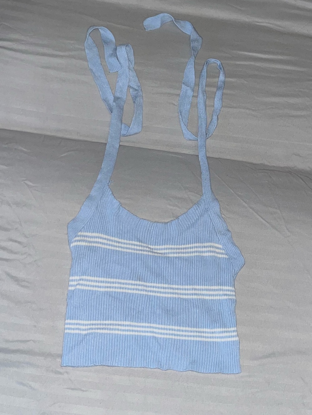 SHEIN Light Blue and White Striped Tie-Shoulder Crop Tank